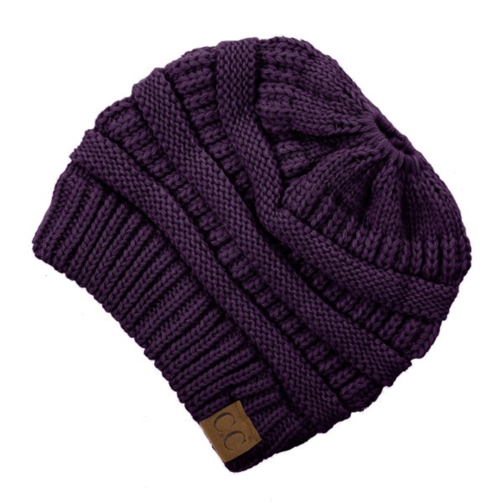 Messy Bun Knitted Beanie Hat Purple